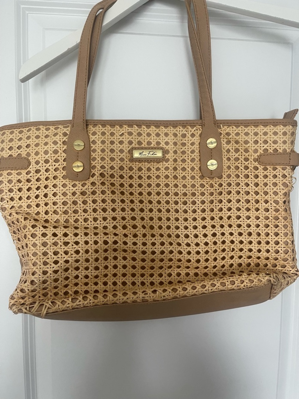 Marc Fisher Woven Tan Tote with Leather Trim